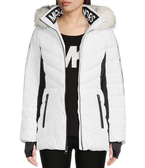 michael kors white and black fur jacket|michael kors long puffer jacket.